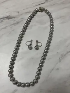 セット★フェイクグレーパールネックレス＆イヤリング　SILVER刻印