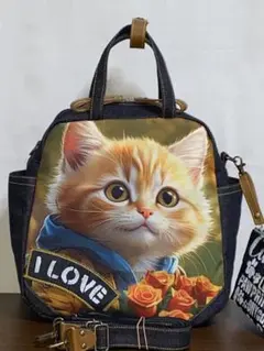 ハンドメイド☆岡山デニム☆ステンシル☆トラネコ☆猫☆4wayボストンバッグ