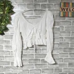 ブラウス ストライプ フリル リボン クロップド丈 パフスリーブ 大人可愛い S