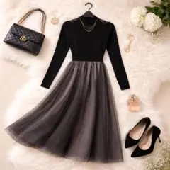 新品・激安！配色チュール ドッキング ２WAY ニットワンピース ブラック Ｓ