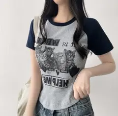 ソニョナラ 韓国Tシャツ グレー×ネイビー 猫プリント