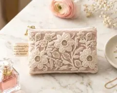 【ハンドメイド】 インド刺繍レース ミニポーチ 小物入れ♪花柄 ピンクのサムネイル