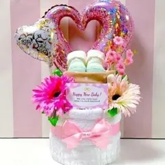 ★出産祝いに大人気！今治豪華2段オーガニックおむつケーキスタイ付 女の子
