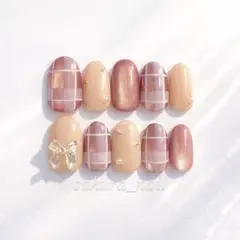 ピンクチェックネイル ショートオーバル ハンドメイドネイルチップ
