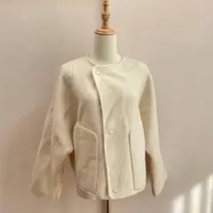 ウール100% フェルト調ノーカラージャケット ナチュラルホワイト手縫いゆったり