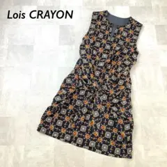 Lois CRAYON 総柄 フロントデザイン キーネック ワンピース ネイビー