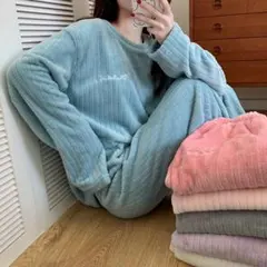 レディース パジャマ ルームウェア 冬 もこもこ ふわふわ 暖かい ライトブルー