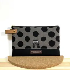 [ハンドメイド]フラットポーチ ／エチノ・猫ドット×帆布⑥