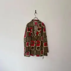 古着 総柄シャツジャケット テーラード レトロ アート 茶色 赤 おしゃれ L