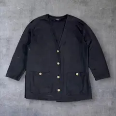 ロングカーディガン 金ボタン ニット チュニック丈 黒 古着 Y2K