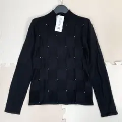 【未使用品】ビジュー付きチェック柄 ハイネックニットセーター 黒 ウール混 Ｍ