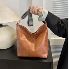 2way ヴィンテージ調 レザーバッグ 茶 刺繍ストラップ ショルダー バケット