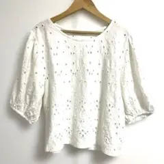 ZARA 刺繍 ブラウス ホワイト L 七分袖 コットン レース調 上品