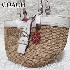 チャーム付き✨COACH カゴバッグ ストロー素材 レザー トートバッグ