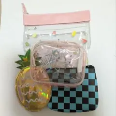 ポーチ　5点セット　まとめ売り　ビニールポーチ　パイナップル　市松模様