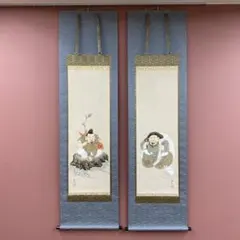 美品 掛け軸 恵比寿 大黒天 二幅対 森田梅泉作 双幅 共箱 縁起物