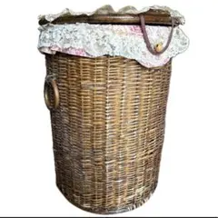 ラタン製 蓋付きバスケット 籐かご ランドリーバスケット レトロ　アンティーク
