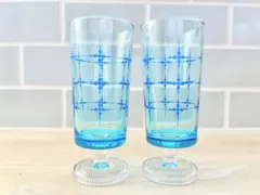 レトロ グラス アデリア 脚付 セット 昭和 ガラス コップ ブルー ダイヤ 青