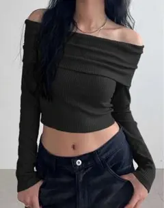 SHEIN オフショルダー クロップTシャツ ブラック