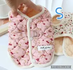犬服Ｓ ピンクお花 防寒ベスト 内側フリース 着る毛布 ハルモニ