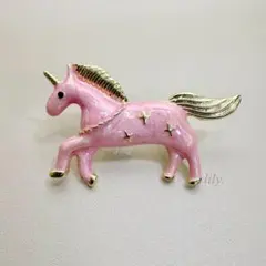 【ブローチ】マーブル模様のユニコーン ＊ 馬 ピンク