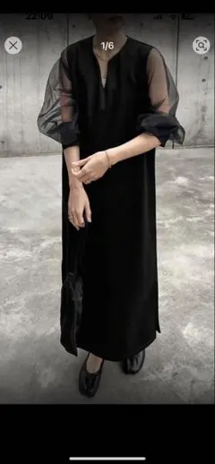 SHIEN シースルー袖の黒マキシワンピース　Lサイズ