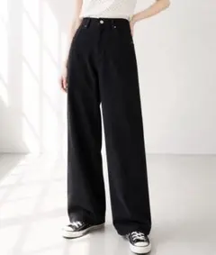 レディース ストレートデニムパンツ ブラック Lサイズのサムネイル
