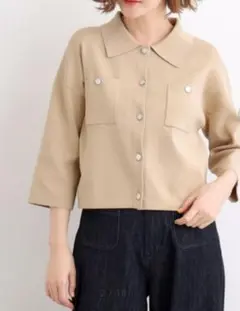 groveマリンカーディガンジャケットベージュ ボタン付七分袖