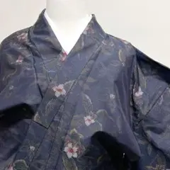 小紋　大島紬　桔梗　花模様　リーフ　ネイビー　着物　026kのサムネイル