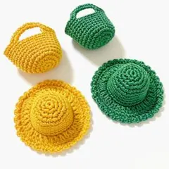 ミニチュア帽子&バック　かぎ編み　編み物　ハンドメイド　4個セット　黄色　緑色