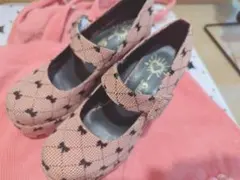 厚底 ストラップパンプス リボン柄 ピンク shein