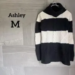 Ashley 【M】 黒 白 ボーダー ストライプ ニット セーター ハイネック