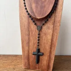 木製 十字架 ロザリオ風 ネックレス 黒 ウッドビーズ マリア カトリック