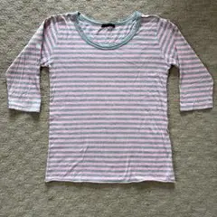 ボーダー柄 七分袖カットソー ピンク×グレー