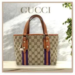 【美品】GUCCIグッチ GGキャンバスミニトートバッグ チャームシェリーライン