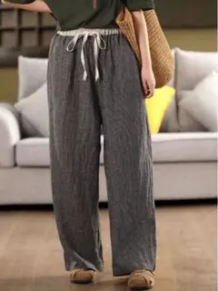 ワイドパンツ レトロ 配色 ハイウエスト カジュアル 着痩せ レディース