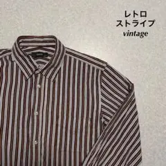 vintage  レトロ　ストライプシャツ　水色×茶色