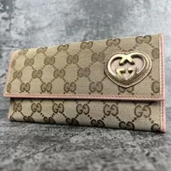GUCCI ラブリーハート GG柄 キャンバス×レザー 長財布 メタリックピンク