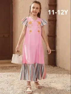 61)アジアン 刺繍 コットン マキシワンピース ピンク 11-12Y