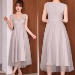 JEWELSシフィールウエストベルトチュールフレアワンピースドレス　グレー　L
