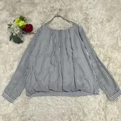 【ナチュラルビューティーベーシック】ストライプブラウス(L)長袖 白 ネイビー