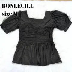 BONLECILL ドットチュール 半袖ブラウス ブラック M
