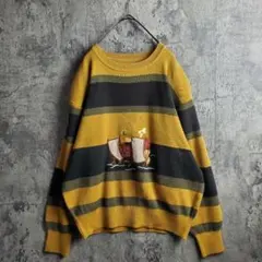 【ヴィンテージ】古着 ニットセーター 刺繍 アースカラー カーキ 黒 レトロ