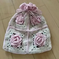 かぎ針編み 巾着 薔薇 グラニースクエア 編み物