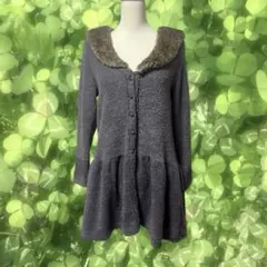 axes femme 森ガール ファー付き ニットカーディガンワンピース グレー