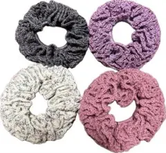 ニットシュシュ4個セット（グレー・紫・白系・ピンク）　ハンドメイド　手編み