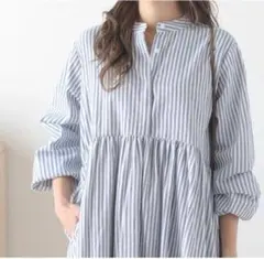 L ロングワンピース ストライプ シャツ　長袖　コットン リネン 青　c3