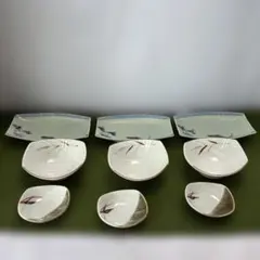 昭和レトロな魚と植物デザインの食器セット　長平皿　小鉢　醤油皿　3種類3セット