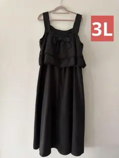 3L ブラック　フリル　リボン　ロング　ワンピース レディース　大きいサイズ