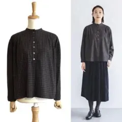 【D】 CLASKA バンドカラー プルオーバーブラウス 38 グレー系チェック